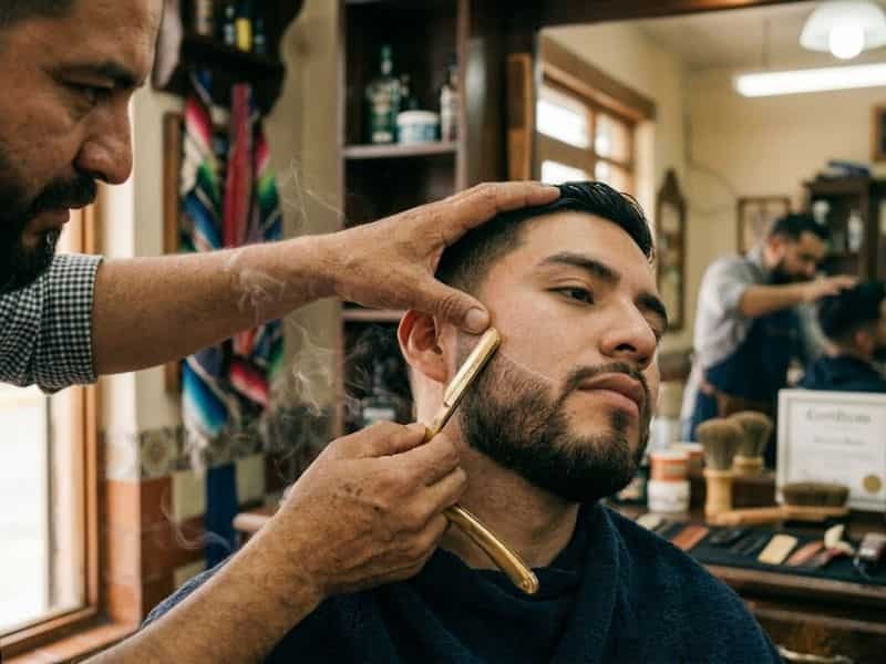 Arreglo de barba con navaja a un cliente en una barberia de Huejutla
