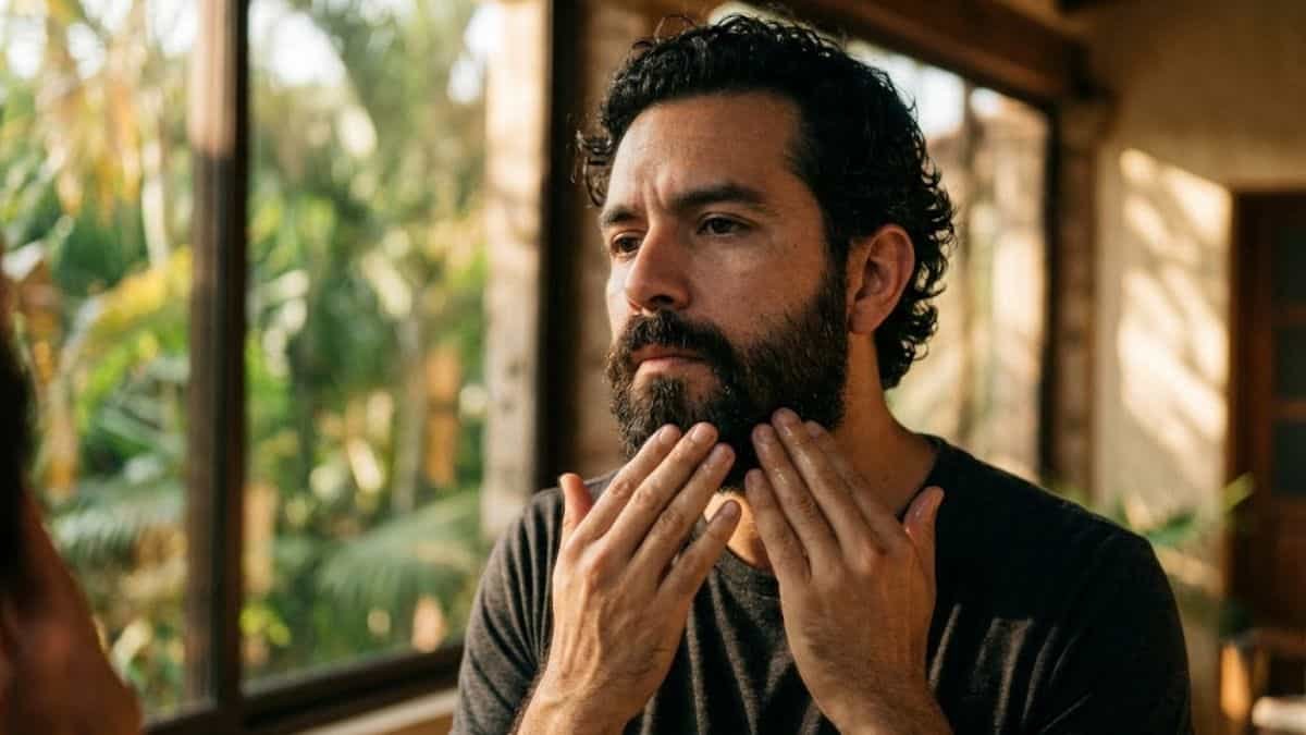 Hombre aplicando aceite a su barba para evitar el frizz por la humedad en Huejutla