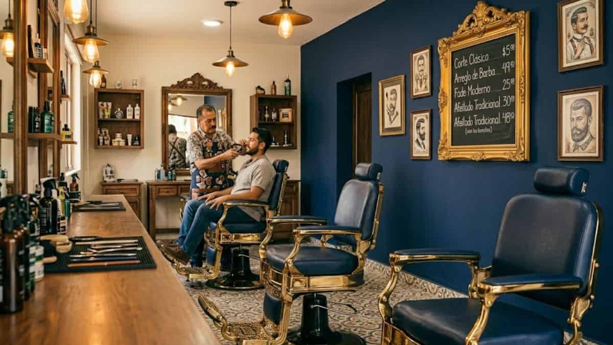 Interior de barberia en Huejutla con sillon y pizarra de precios