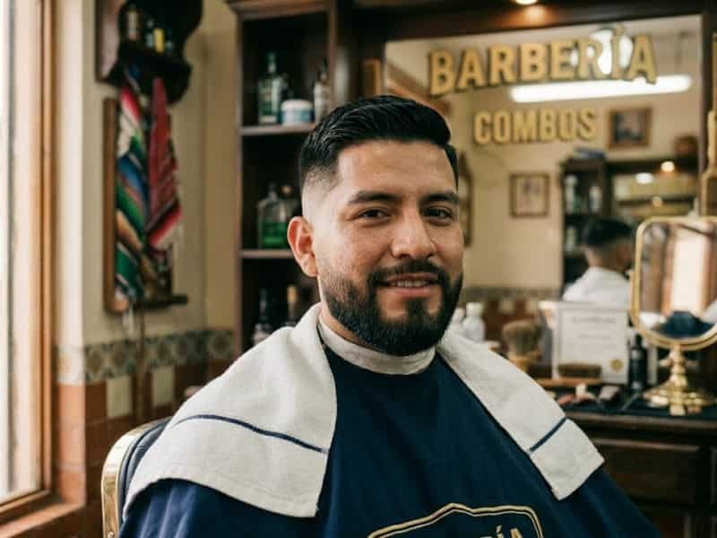 Hombre con corte fade y barba perfilada tras el combo en Huejutla