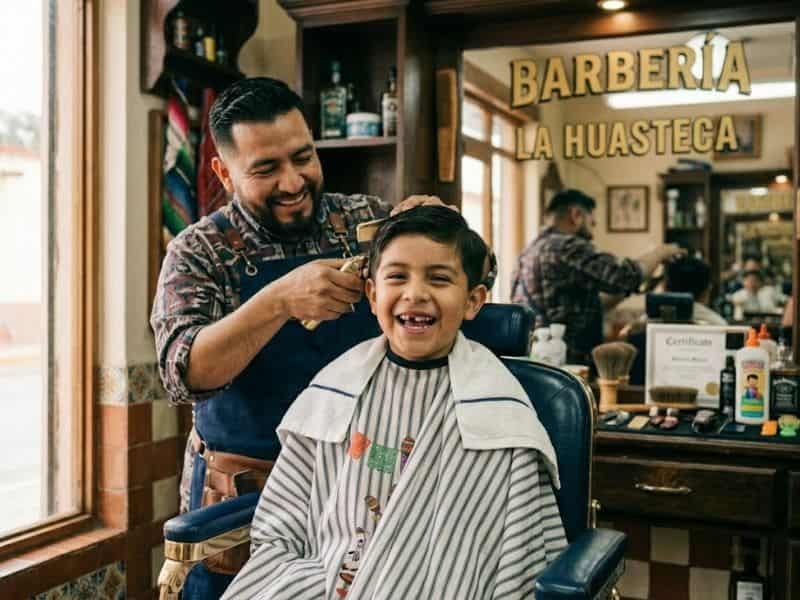 Nino feliz recibiendo un corte de cabello en barberia de Huejutla