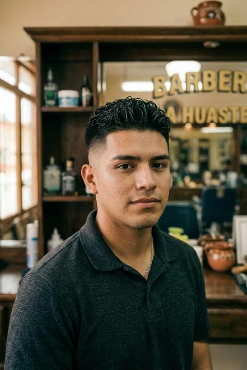 Joven con fade medio y copete texturizado en Huejutla
