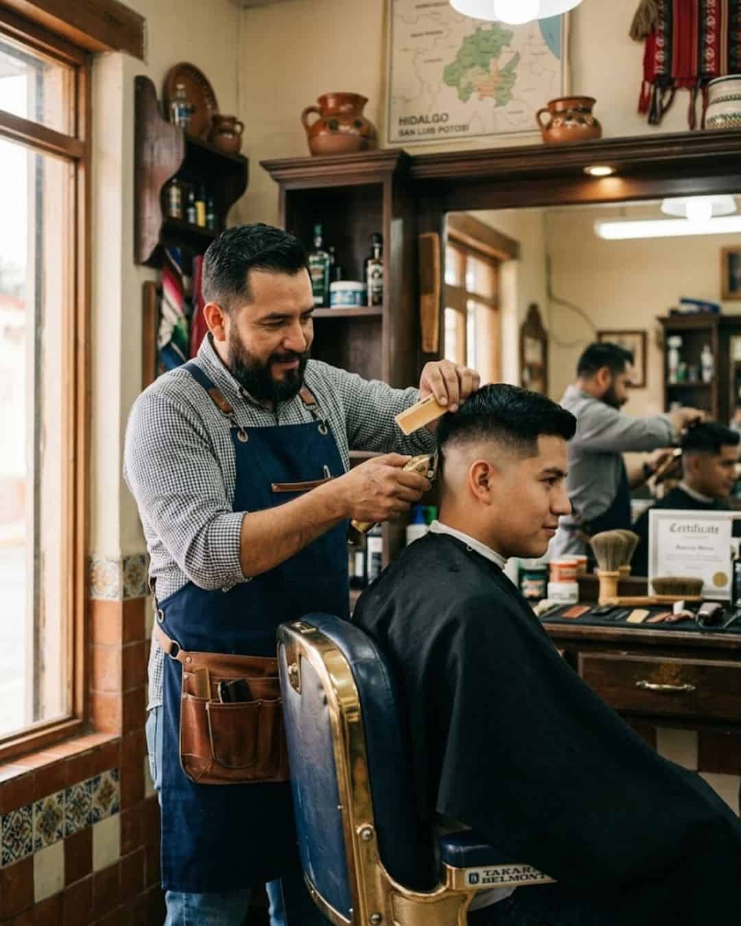 Barbero haciendo un fade a un cliente en una barberia en Huejutla de Reyes